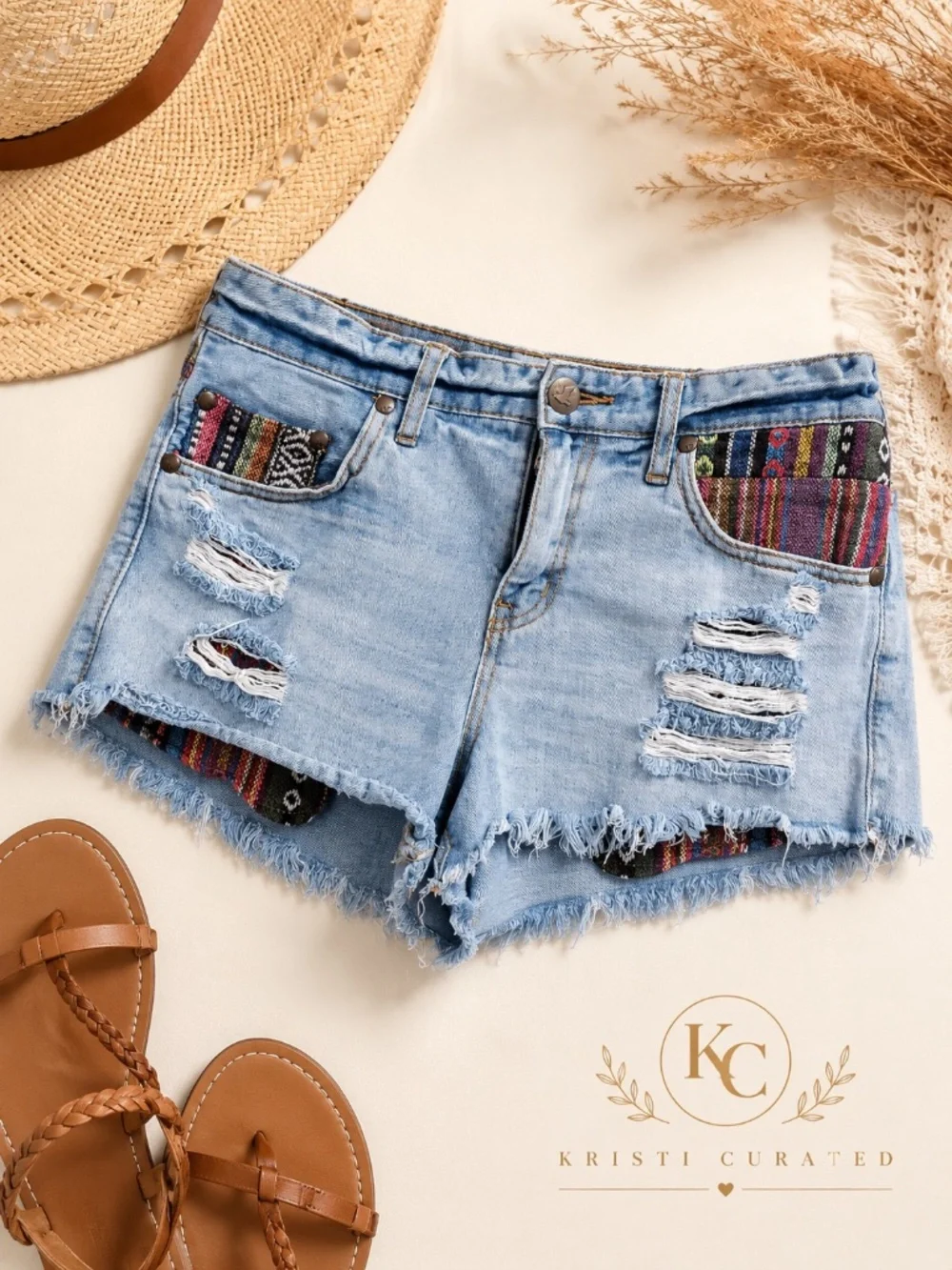 Free People Baja Aztec Distressed Denim Cutoff Shorts Size 29 Boho Festival